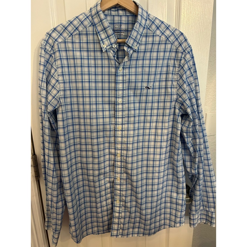 Vineyard Vines Performance Classic Fit Whale Shirt Mens Medium Blue White Plaid